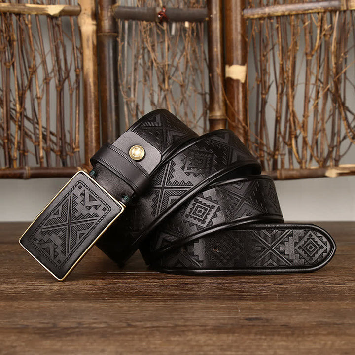 Ceinture en cuir à motif totem gravé avec boucle carrée pour homme