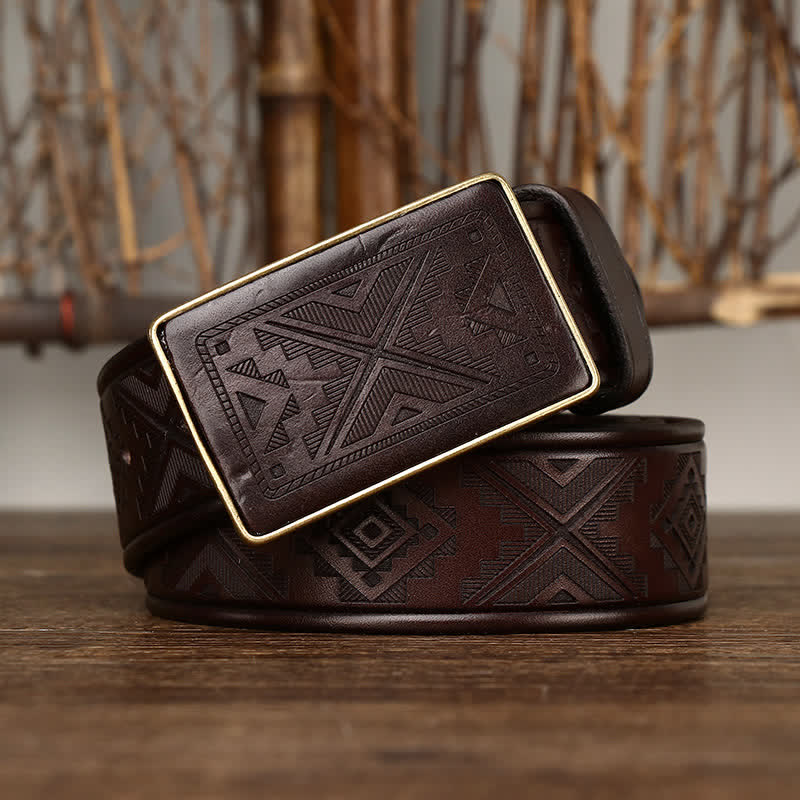 Ceinture en cuir à motif totem gravé avec boucle carrée pour homme