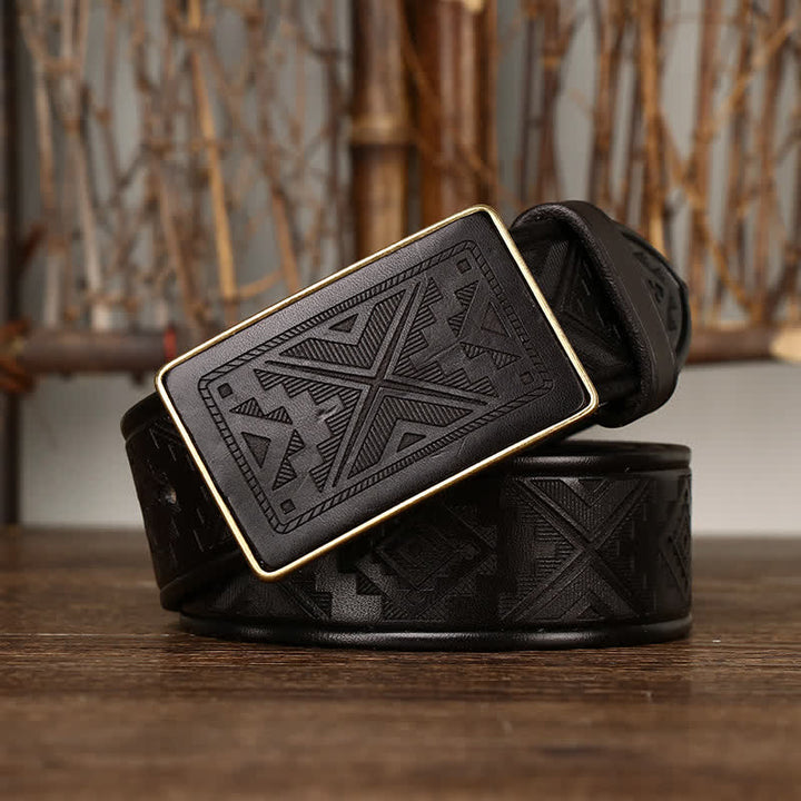 Ceinture en cuir à motif totem gravé avec boucle carrée pour homme