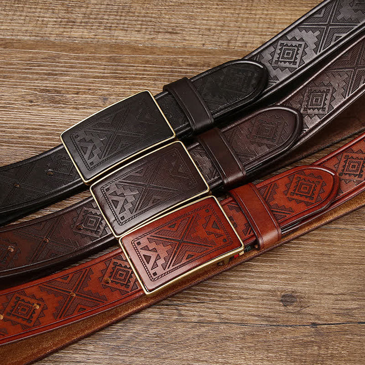 Ceinture en cuir à motif totem gravé avec boucle carrée pour homme