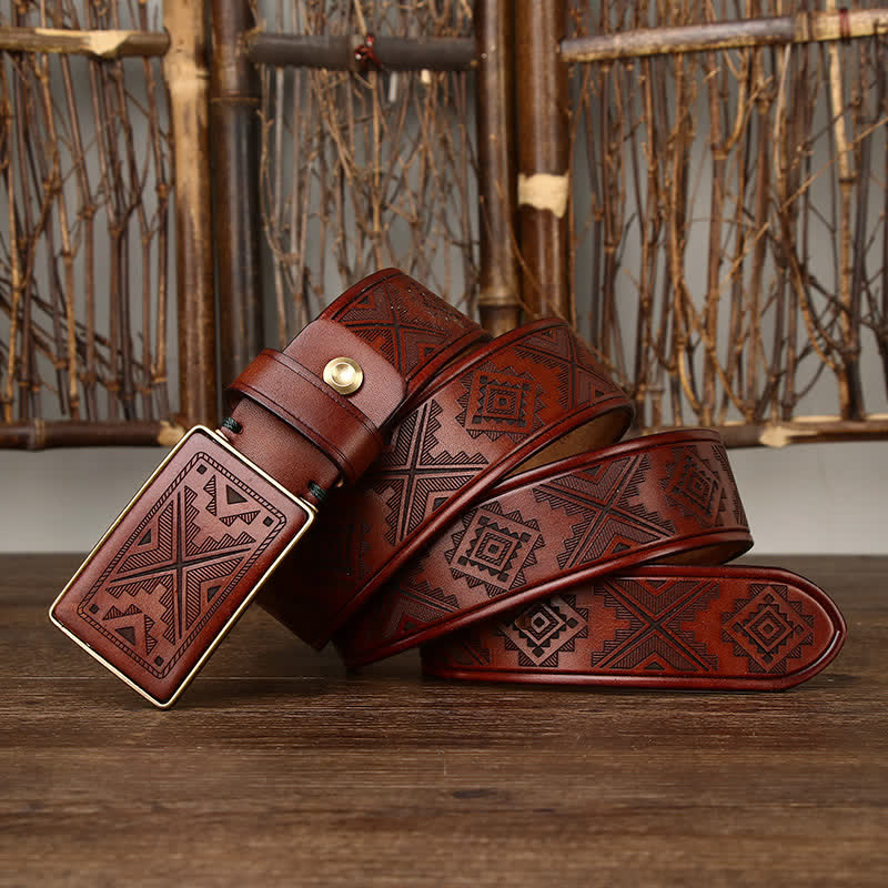 Ceinture en cuir à motif totem gravé avec boucle carrée pour homme