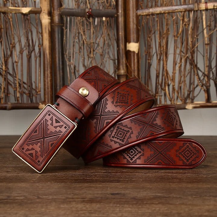 Ceinture en cuir à motif totem gravé avec boucle carrée pour homme