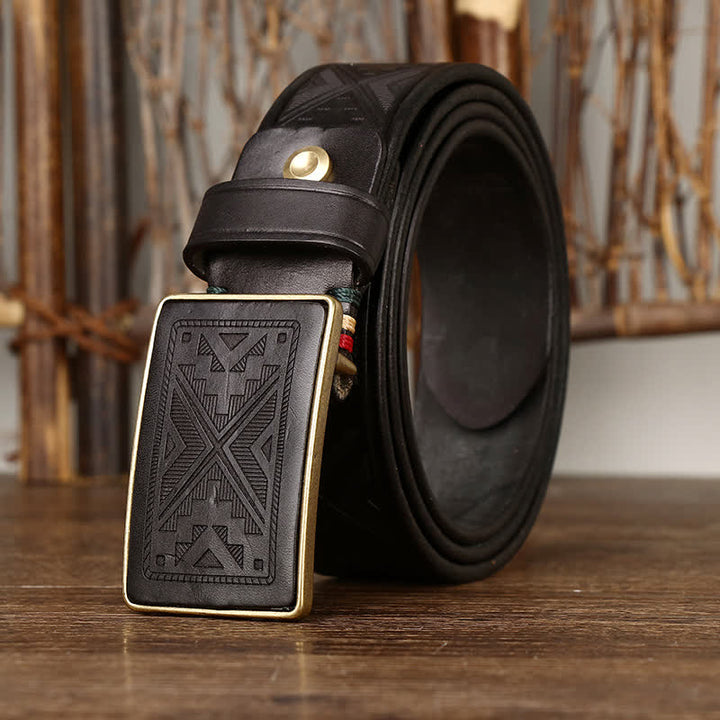 Ceinture en cuir à motif totem gravé avec boucle carrée pour homme