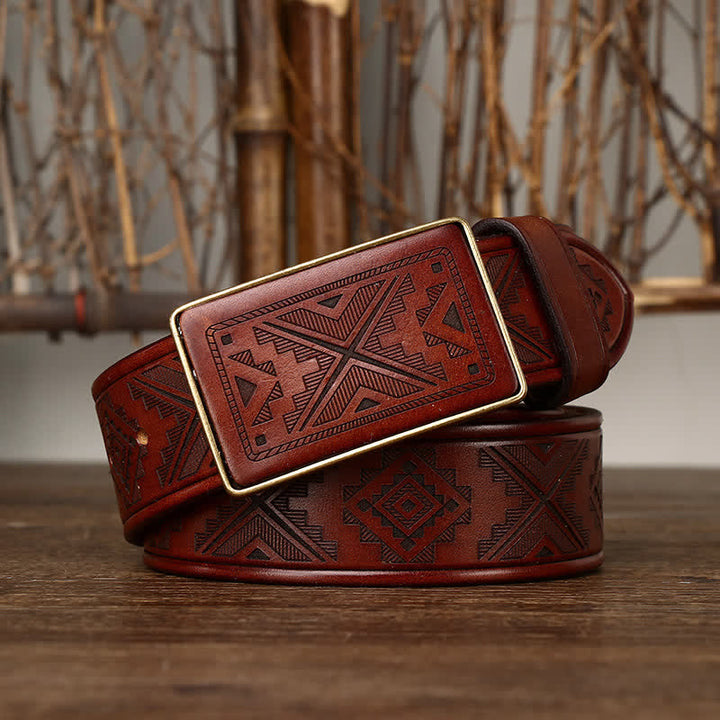 Ceinture en cuir à motif totem gravé avec boucle carrée pour homme