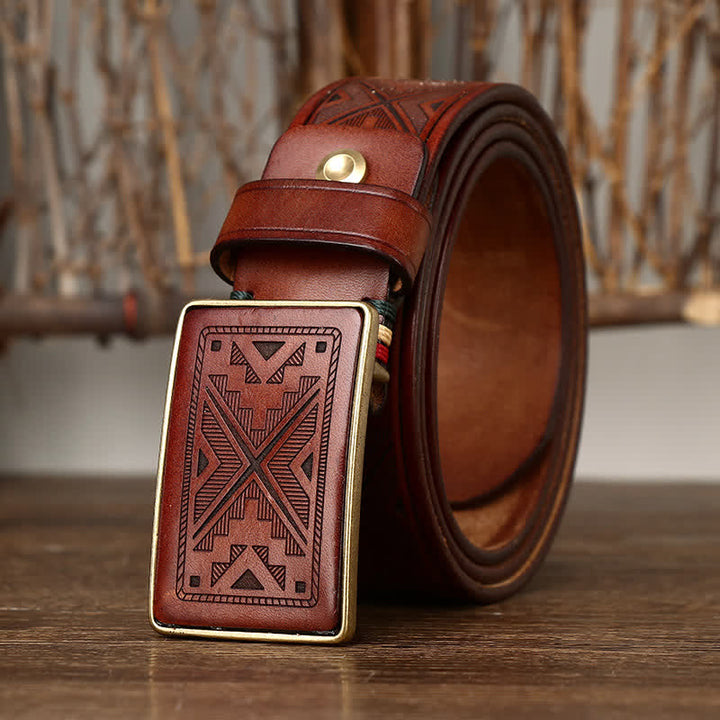 Ceinture en cuir à motif totem gravé avec boucle carrée pour homme