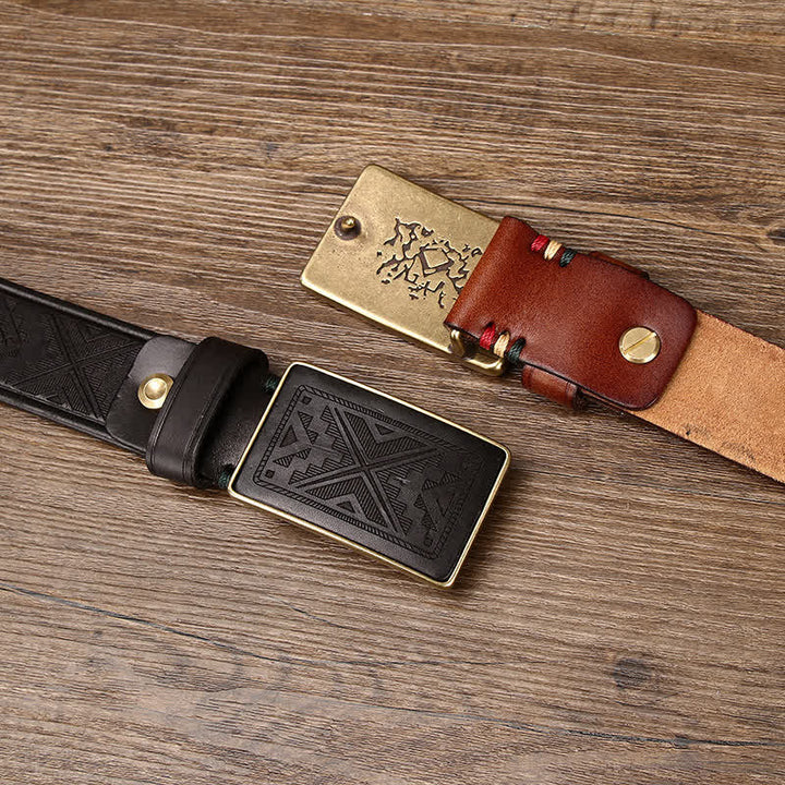 Ceinture en cuir à motif totem gravé avec boucle carrée pour homme