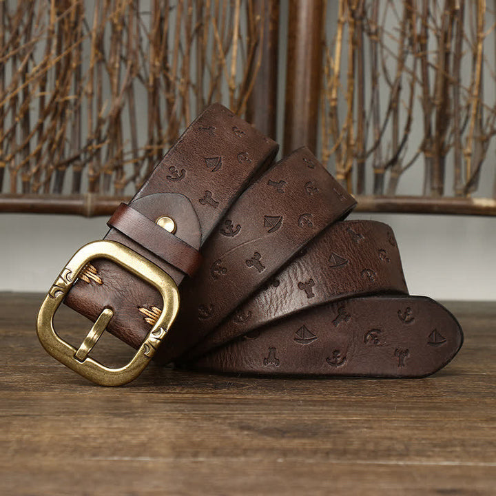 Ceinture en cuir véritable intemporelle avec motif ancre en relief pour homme