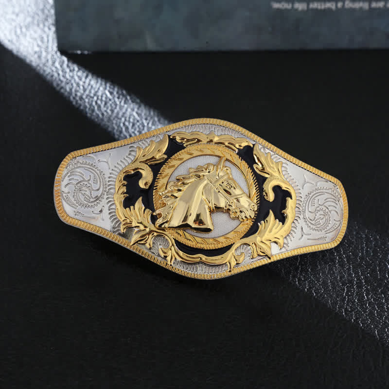 Ceinture en cuir à boucle dorée pour homme avec motif animal occidental - Tête de cheval - Sans ceinture - image 1