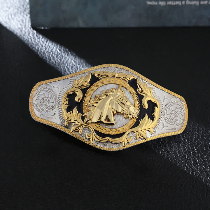 Ceinture en cuir à boucle dorée pour homme avec motif animal occidental - Tête de cheval - Sans ceinture - image 1