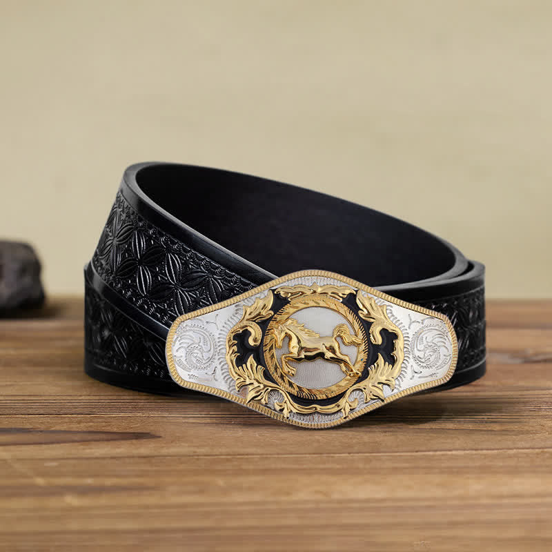 Ceinture en cuir à boucle dorée pour homme avec motif animal occidental - Cheval au galop - Ceinture tissée noire en relief (110 cm/44 pouces) - image 15