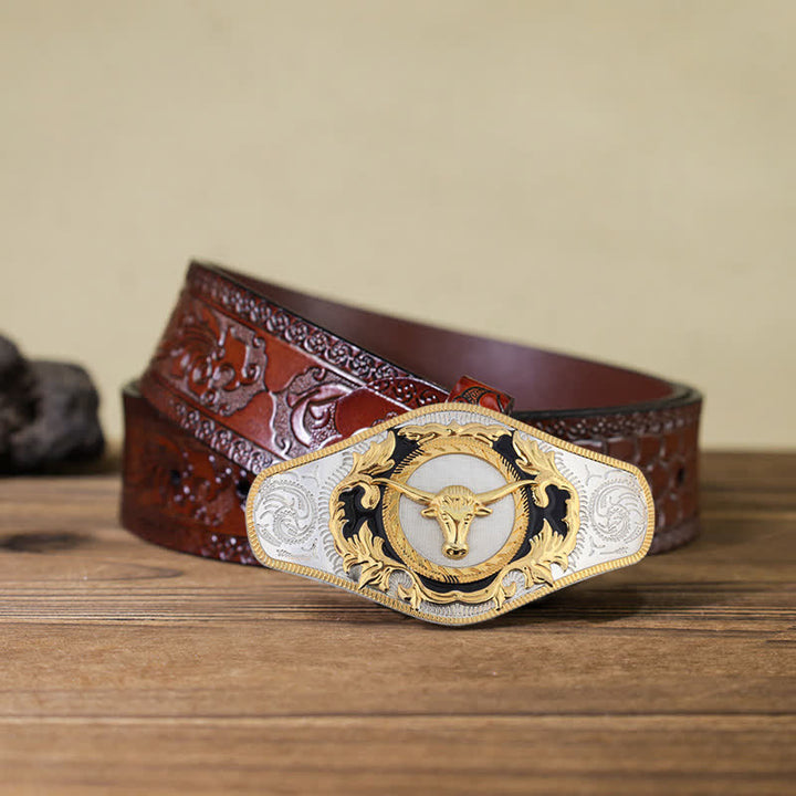 Ceinture en cuir à boucle dorée pour homme avec motif animal occidental - Tête de taureau - Ceinture marron sculptée (115 cm/46 pouces) - image 25