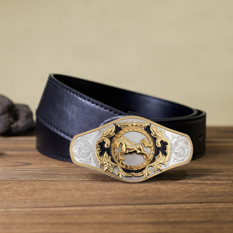 Ceinture en cuir à boucle dorée pour homme avec motif animal occidental - Cheval au galop - Ceinture en PU noir (115 cm/46 pouces) - image 13