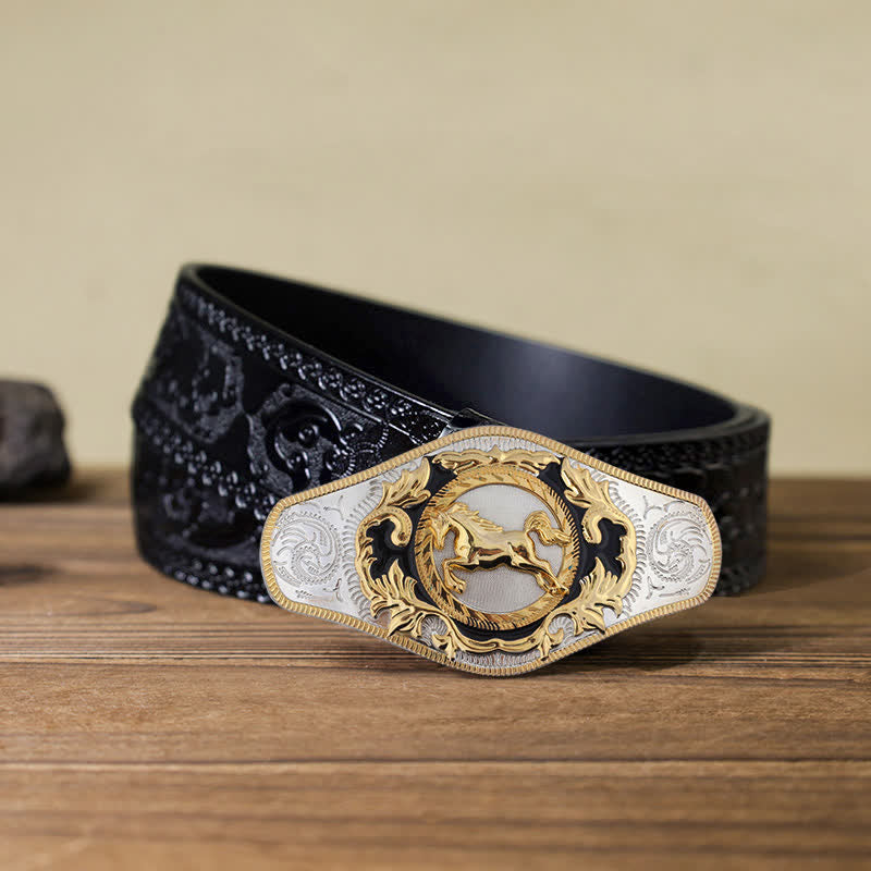 Ceinture en cuir à boucle dorée pour homme avec motif animal occidental - Cheval au galop - Ceinture noire sculptée (115 cm/46 pouces) - image 16