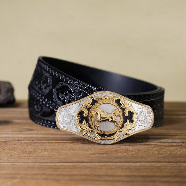 Ceinture en cuir à boucle dorée pour homme avec motif animal occidental - Cheval au galop - Ceinture noire sculptée (115 cm/46 pouces) - image 16