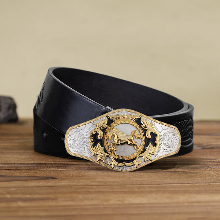 Ceinture en cuir à boucle dorée pour homme avec motif animal occidental - Cheval au galop - Ceinture noire en relief avec aigle (110 cm/44 pouces) - image 14