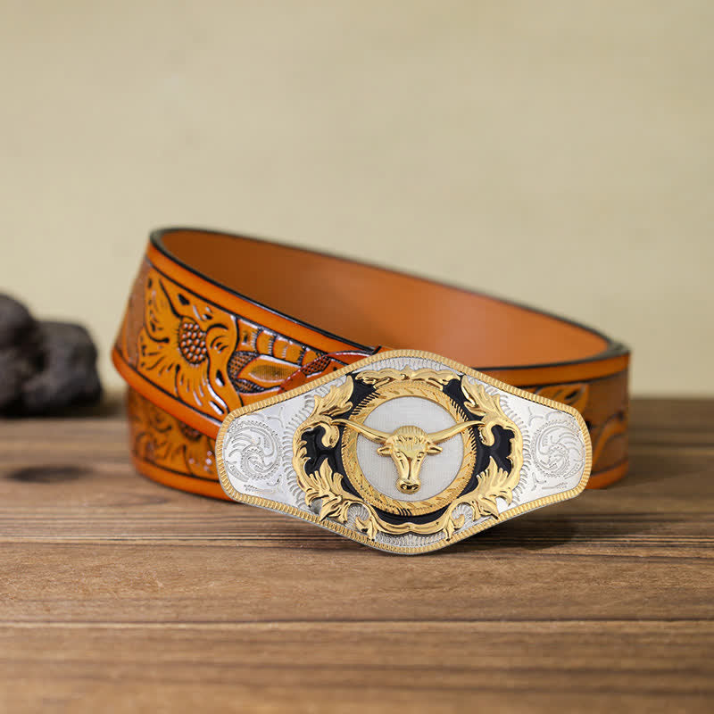 Ceinture en cuir à boucle dorée pour homme avec motif animal occidental - Tête de taureau - Ceinture sculptée orange (115 cm/46 pouces) - image 27