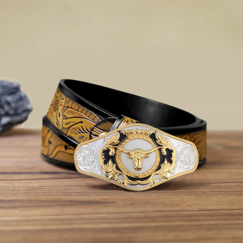 Ceinture en cuir à boucle dorée pour homme avec motif animal occidental - Tête de taureau - Ceinture SandyBrown (115 cm/46 pouces) - image 26