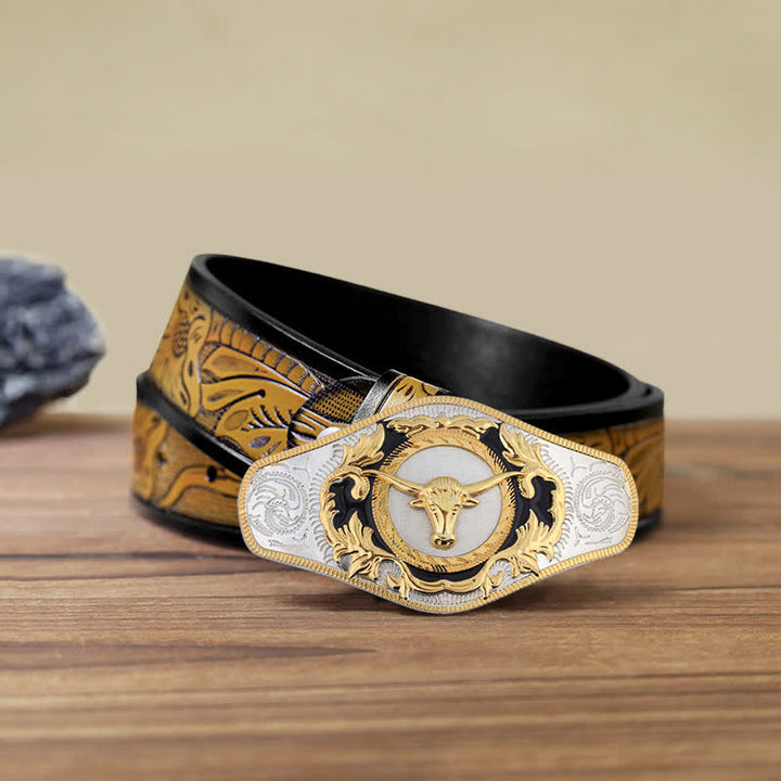 Ceinture en cuir à boucle dorée pour homme avec motif animal occidental - Tête de taureau - Ceinture SandyBrown (115 cm/46 pouces) - image 26