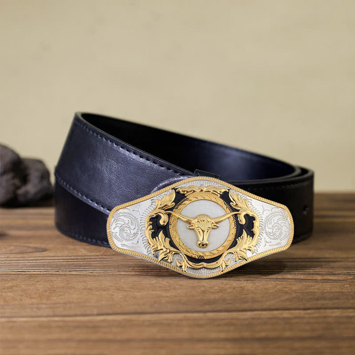 Ceinture en cuir à boucle dorée pour homme avec motif animal occidental - Tête de taureau - Ceinture en PU noir (115 cm/46 pouces) - image 21