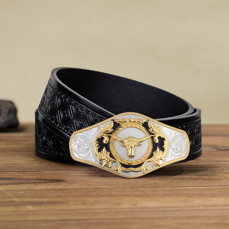 Ceinture en cuir à boucle dorée pour homme avec motif animal occidental - Tête de taureau - Ceinture tissée noire en relief (110 cm/44 pouces) - image 23