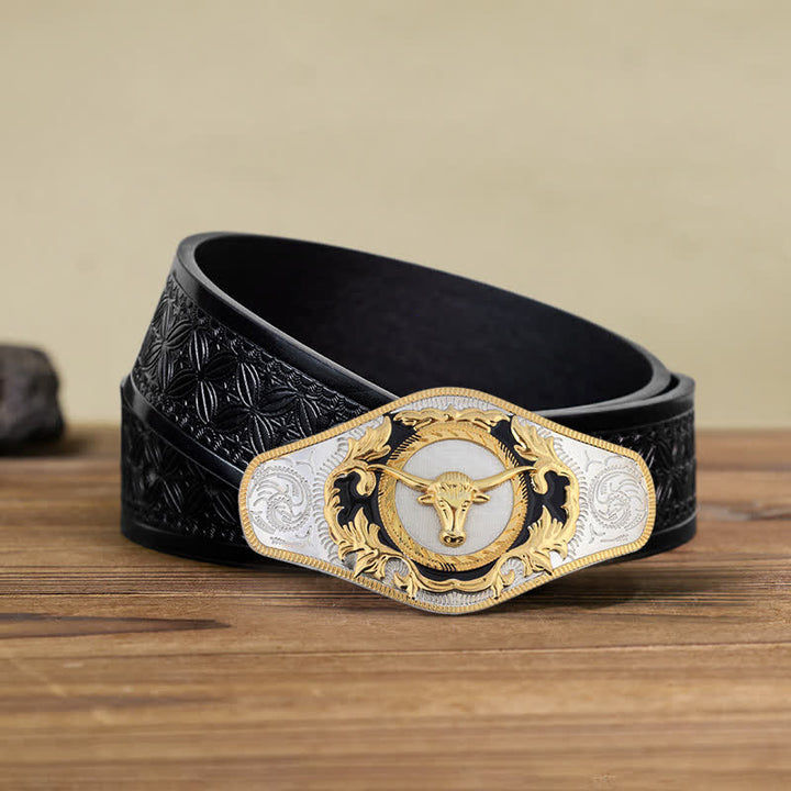 Ceinture en cuir à boucle dorée pour homme avec motif animal occidental - Tête de taureau - Ceinture tissée noire en relief (110 cm/44 pouces) - image 23
