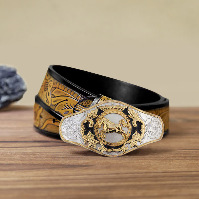 Ceinture en cuir à boucle dorée pour homme avec motif animal occidental - Cheval au galop - Ceinture SandyBrown (115 cm/46 pouces) - image 18