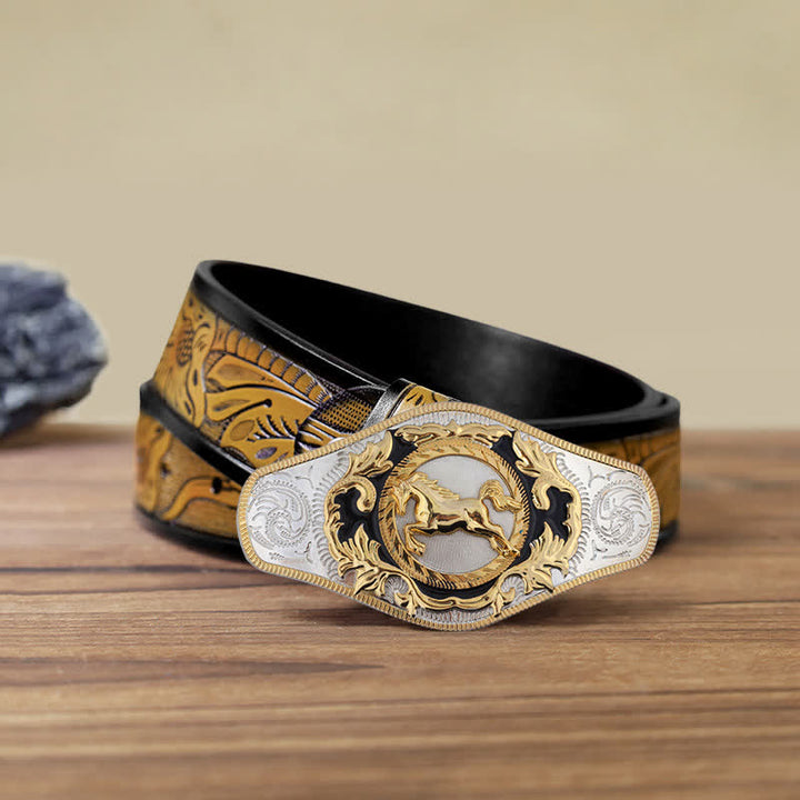 Ceinture en cuir à boucle dorée pour homme avec motif animal occidental - Cheval au galop - Ceinture SandyBrown (115 cm/46 pouces) - image 18