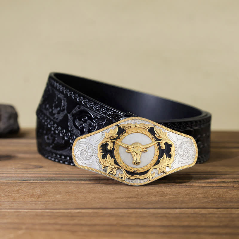 Ceinture en cuir à boucle dorée pour homme avec motif animal occidental - Tête de taureau - Ceinture noire sculptée (115 cm/46 pouces) - image 24