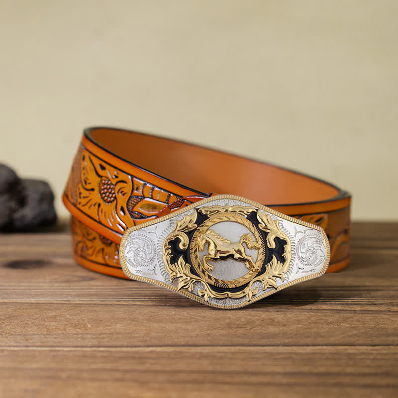 Ceinture en cuir à boucle dorée pour homme avec motif animal occidental - Cheval au galop - Ceinture sculptée orange (115 cm/46 pouces) - image 19
