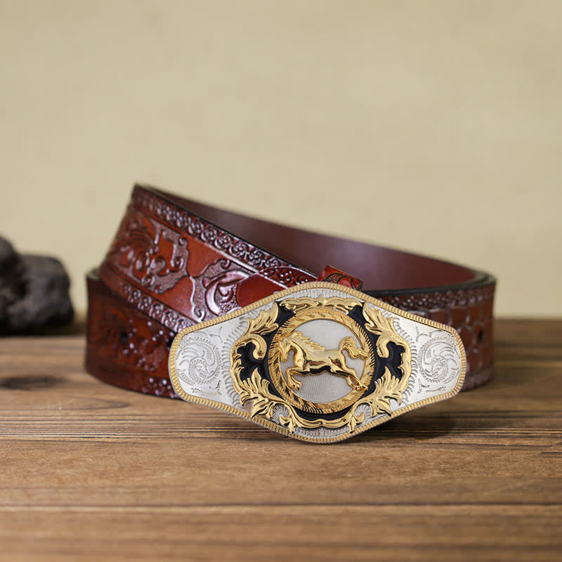 Ceinture en cuir à boucle dorée pour homme avec motif animal occidental - Cheval au galop - Ceinture marron sculptée (115 cm/46 pouces) - image 17