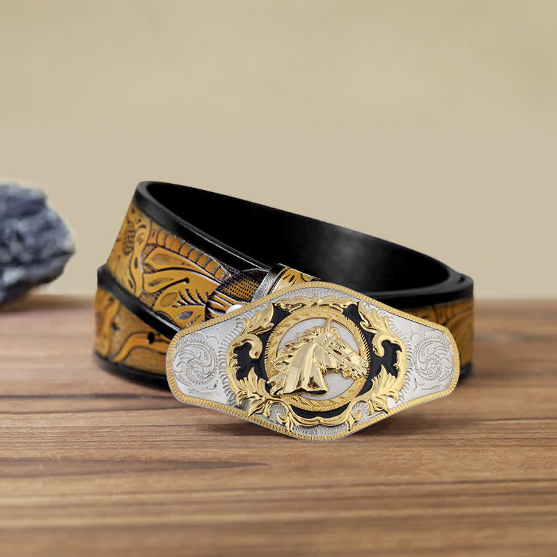 Ceinture en cuir à boucle dorée pour homme avec motif animal occidental - Tête de cheval - Ceinture SandyBrown (40) - image 10