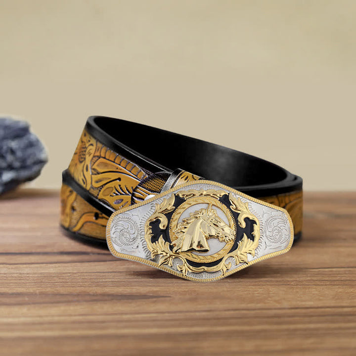 Ceinture en cuir à boucle dorée pour homme avec motif animal occidental - Tête de cheval - Ceinture SandyBrown (40) - image 10