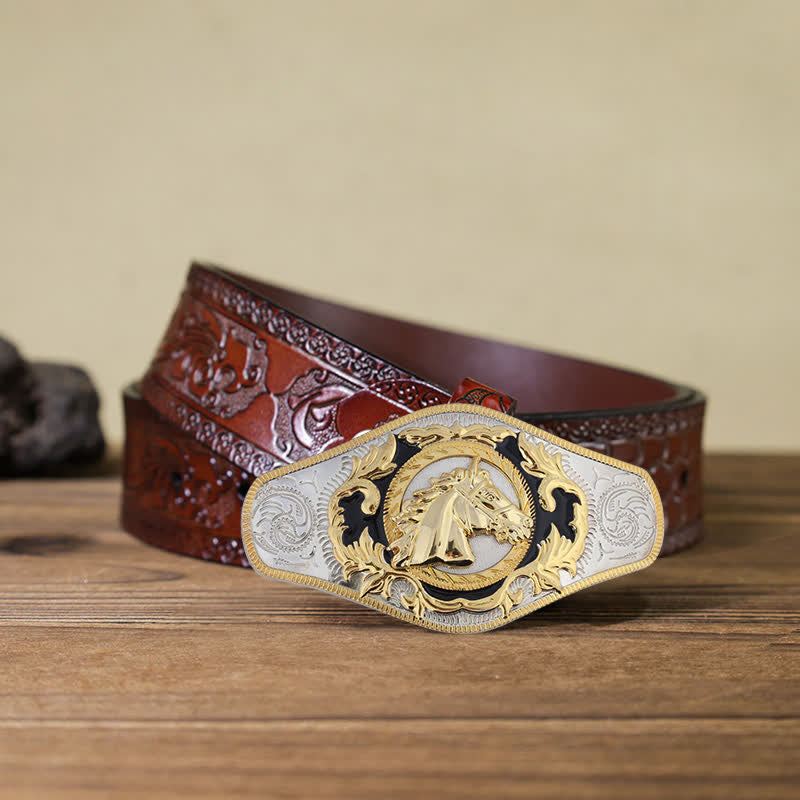 Ceinture en cuir à boucle dorée pour homme avec motif animal occidental - Tête de cheval - Ceinture marron sculptée (40) - image 9