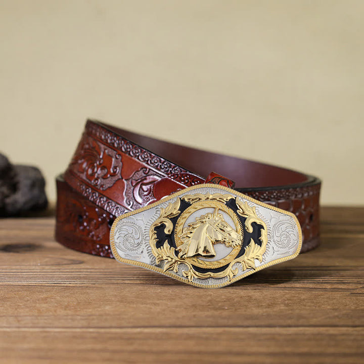 Ceinture en cuir à boucle dorée pour homme avec motif animal occidental - Tête de cheval - Ceinture marron sculptée (40) - image 9