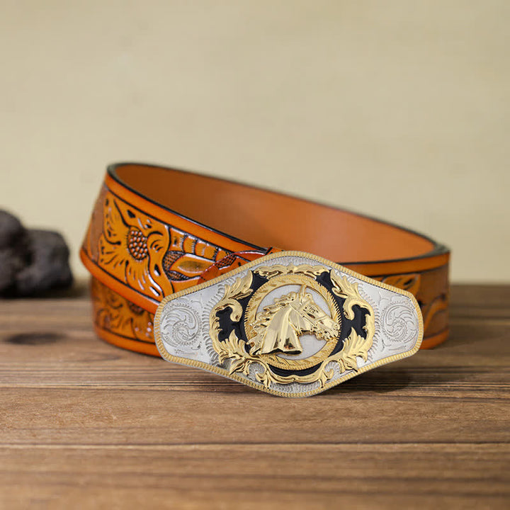 Ceinture en cuir à boucle dorée pour homme avec motif animal occidental - Tête de cheval - Ceinture sculptée orange (40) - image 11