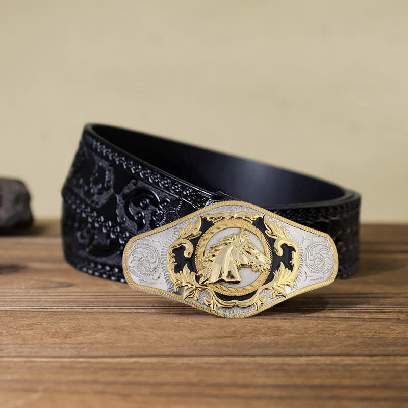 Ceinture en cuir à boucle dorée pour homme avec motif animal occidental - Tête de cheval - Ceinture noire sculptée (40) - image 8