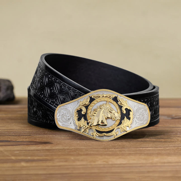 Ceinture en cuir à boucle dorée pour homme avec motif animal occidental - Tête de cheval - Ceinture tissée noire en relief (40) - image 7