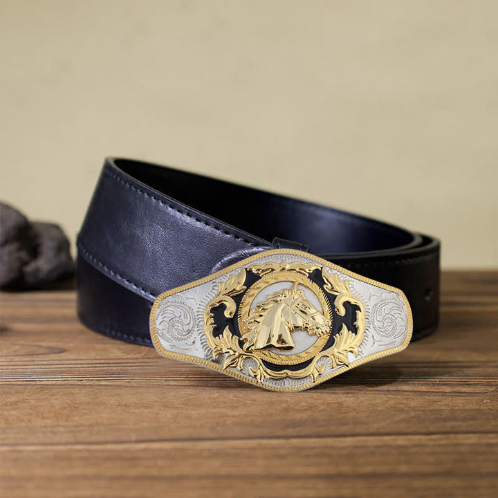 Ceinture en cuir à boucle dorée pour homme avec motif animal occidental - Tête de cheval - Ceinture en PU noir (40) - image 5