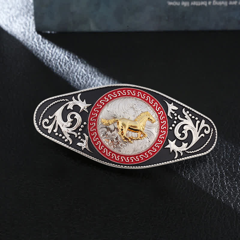 Ceinture en cuir à boucle animalière noire et dorée pour homme - Cheval au galop - Sans ceinture - image 1