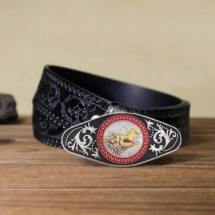 Ceinture en cuir à boucle animalière noire et dorée pour homme - Cheval au galop - Ceinture noire sculptée (40) - image 10