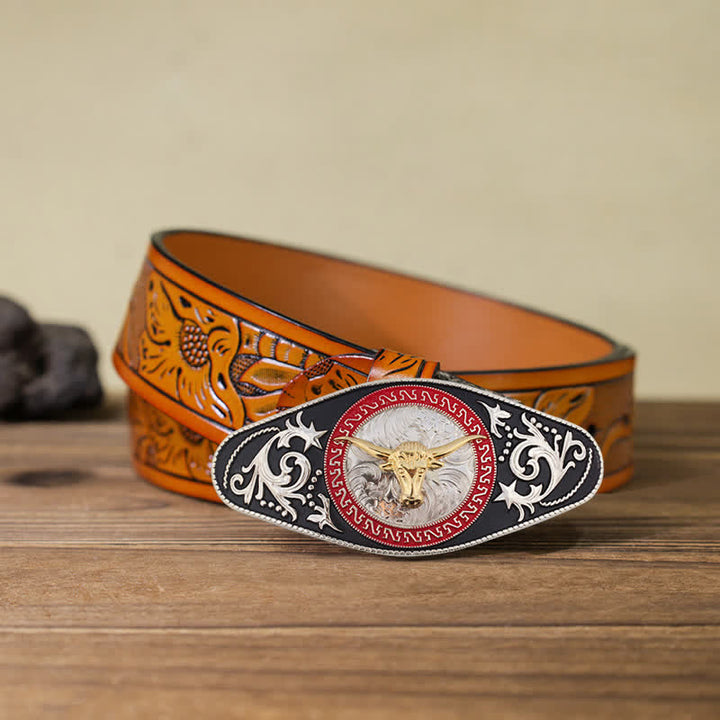 Ceinture en cuir à boucle animalière noire et dorée pour homme - Tête de taureau - Ceinture sculptée orange (40) - image 30