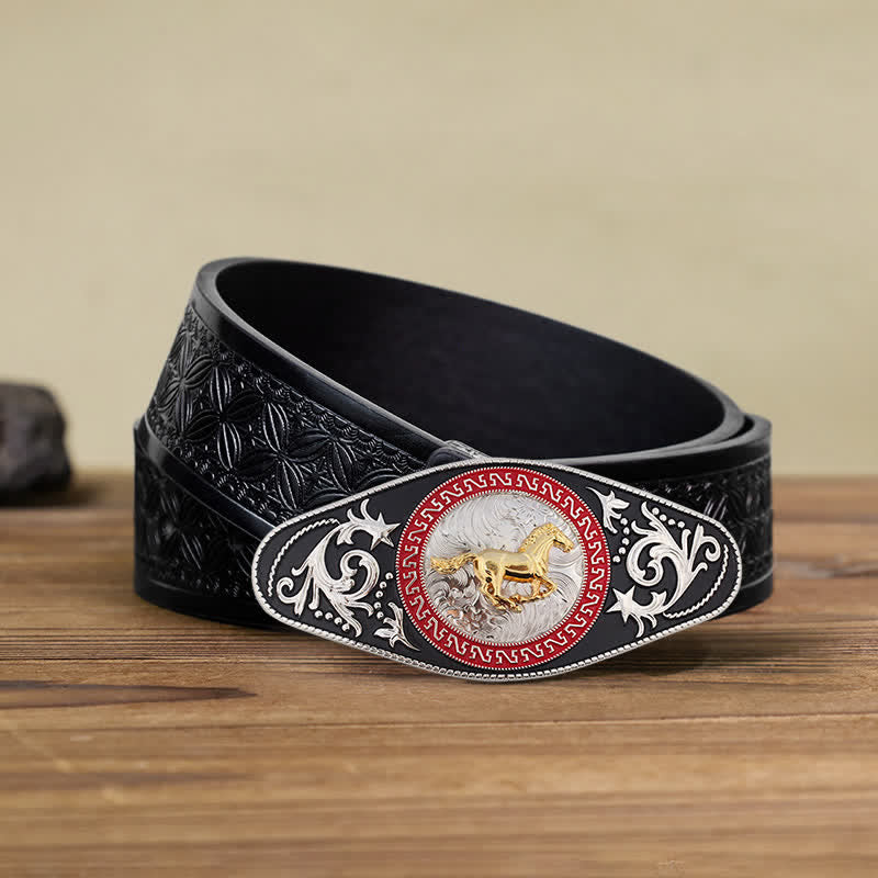 Ceinture en cuir à boucle animalière noire et dorée pour homme - Cheval au galop - Ceinture tissée noire en relief (40) - image 9