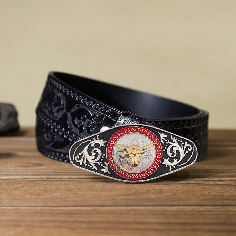 Ceinture en cuir à boucle animalière noire et dorée pour homme - Tête de taureau - Ceinture noire sculptée (40) - image 27