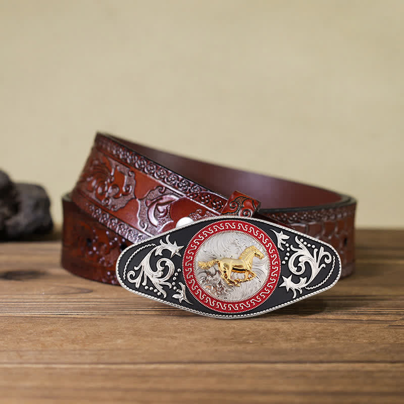Ceinture en cuir à boucle animalière noire et dorée pour homme - Cheval au galop - Ceinture marron sculptée (40 ch) - image 11