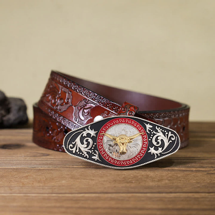 Ceinture en cuir à boucle animalière noire et dorée pour homme - Tête de taureau - Ceinture marron sculptée (40) - image 28