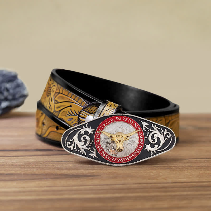 Ceinture en cuir à boucle animalière noire et dorée pour homme - Tête de taureau - Ceinture SandyBrown (40) - image 29