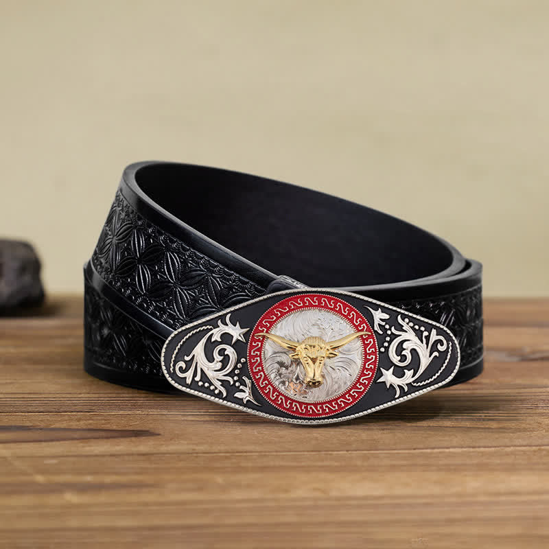 Ceinture en cuir à boucle animalière noire et dorée pour homme - Tête de taureau - Ceinture tissée noire en relief (40) - image 26