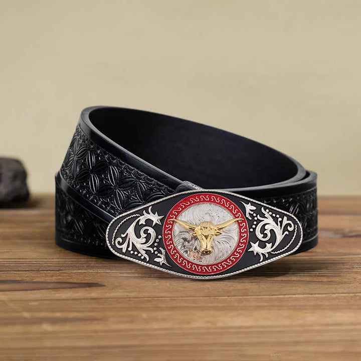 Ceinture en cuir à boucle animalière noire et dorée pour homme - Tête de taureau - Ceinture tissée noire en relief (40) - image 26