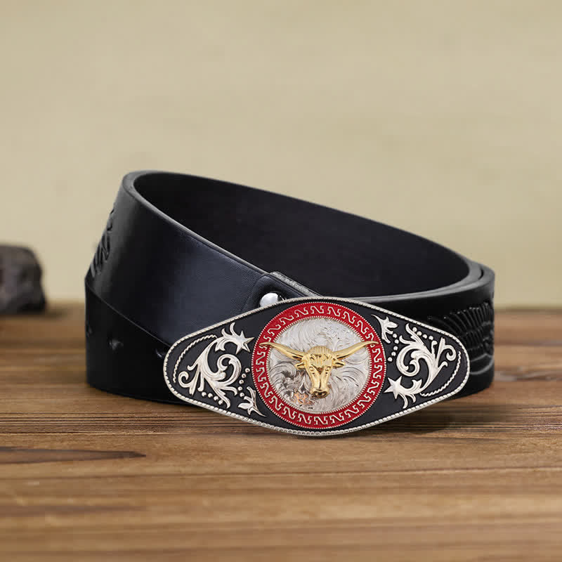 Ceinture en cuir à boucle animalière noire et dorée pour homme - Tête de taureau - Ceinture noire avec aigle en relief (40) - image 25