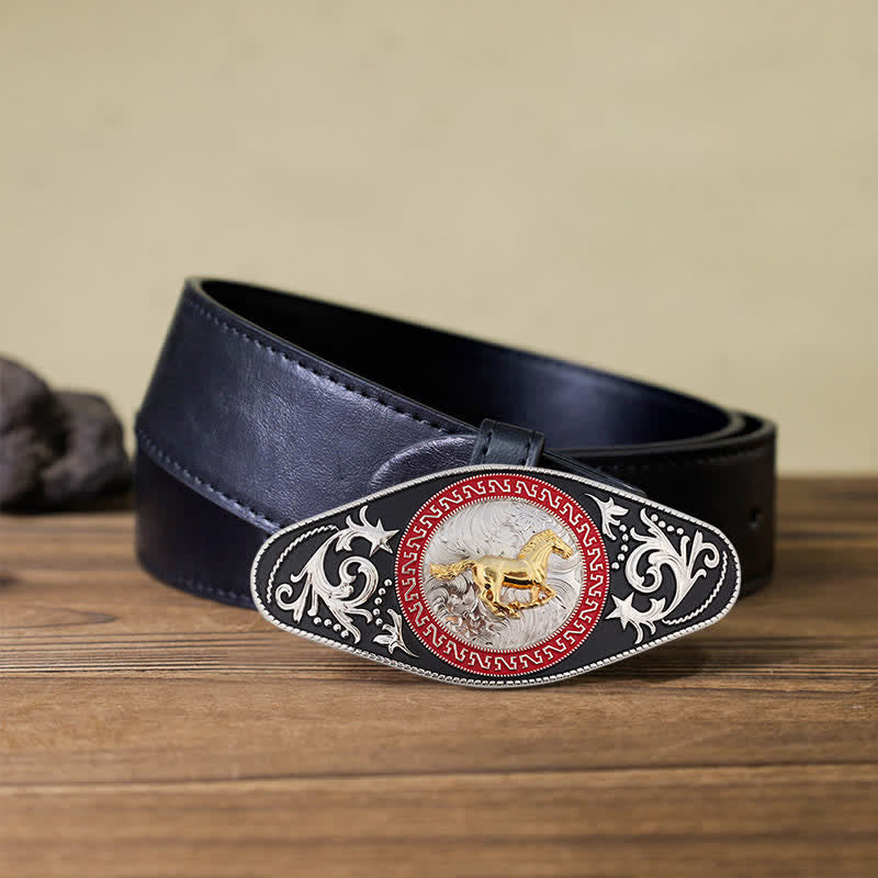 Ceinture en cuir à boucle animalière noire et dorée pour homme - Cheval au galop - Ceinture en PU noir (40) - image 7